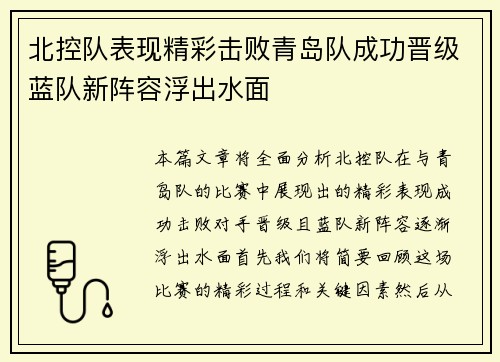 北控队表现精彩击败青岛队成功晋级蓝队新阵容浮出水面