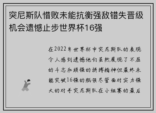 突尼斯队惜败未能抗衡强敌错失晋级机会遗憾止步世界杯16强