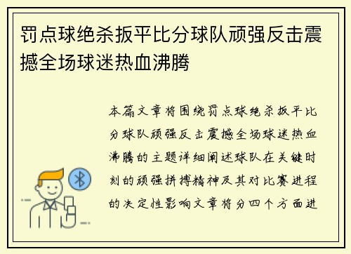 罚点球绝杀扳平比分球队顽强反击震撼全场球迷热血沸腾