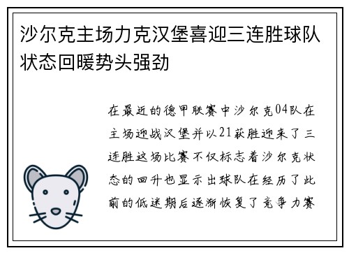 沙尔克主场力克汉堡喜迎三连胜球队状态回暖势头强劲
