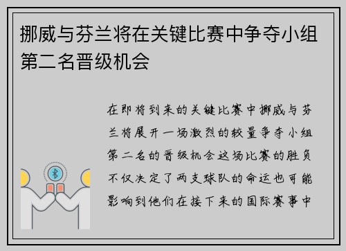挪威与芬兰将在关键比赛中争夺小组第二名晋级机会