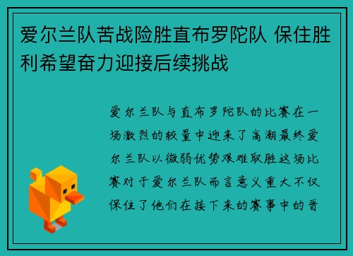 爱尔兰队苦战险胜直布罗陀队 保住胜利希望奋力迎接后续挑战