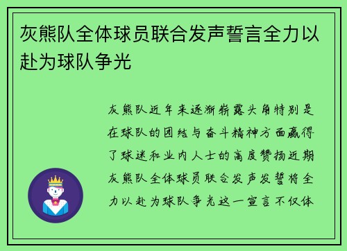灰熊队全体球员联合发声誓言全力以赴为球队争光