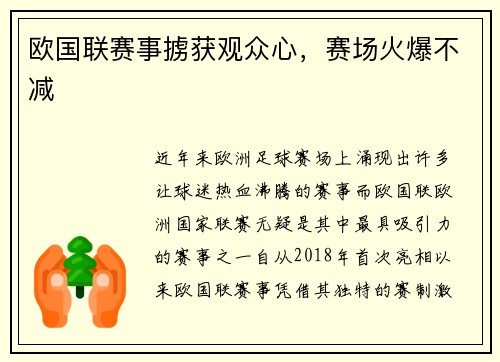 欧国联赛事掳获观众心，赛场火爆不减