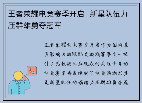 王者荣耀电竞赛季开启  新星队伍力压群雄勇夺冠军