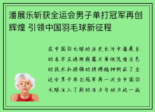 潘展乐斩获全运会男子单打冠军再创辉煌 引领中国羽毛球新征程