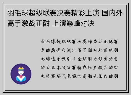羽毛球超级联赛决赛精彩上演 国内外高手激战正酣 上演巅峰对决