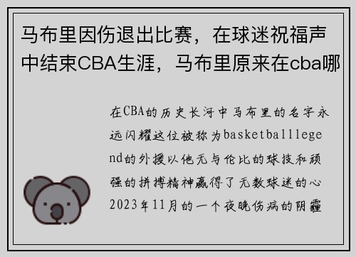 马布里因伤退出比赛，在球迷祝福声中结束CBA生涯，马布里原来在cba哪个队